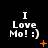 Black background displays white text "I Love Mo! :)" in three with orange pixel symbols changing across frames