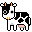 Pixelated cow with black-and-white spotted body, orange horns, and pink udder standing against gray background.