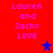 Red background with repeated pink text 'Lauren and Zach= LOVE' and blue/purple stars in a