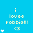 Pixelated blue background with yellow text reading 'i lovee robbie!!! <3' and white star symbols in various positions