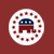 Pixelated circular icon with white border containing red elephant silhouette under blue and white striped canopy on maroon background.