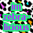 Pixelated image with green text blocks on a black-and-white leopard print background featuring scattered cyan, yellow, and pink accents.