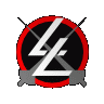Circular red and black icon with white stylized 'LP' letters crossed by gray diagonal lines, viewed from multiple angles including front, side, and rotated positions.