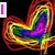 Rainbow-colored heart-shaped icon with animated text overlays changing across frames, set against a black background.