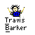 Pixelated character with spiky black hair holding yellow drumsticks, wearing blue shirt with black patterns, standing above stylized text on gray background.