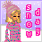 Pixel art animation of a blonde girl in winter clothing with falling snow, showing frame-by-frame changes to the text "snowy" on the right side.