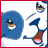 A static pixelated image shows a blue circular shape with a small figure inside, alongside abstract shapes including a brown and pink form on white background.