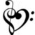 Black and white pixelated icon featuring a musical treble clef intertwined with a heart shape, with two small black squares to the right.
