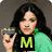 five pixelated images showing a woman with long dark hair in various poses and expressions, each overlaid with large green letters on black backgrounds