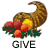 Two pixelated cornucopia icons with brown striped horns, red and orange fruits, green leaves, and text below each.