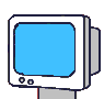 Two pixelated CRT monitors side-by-side; left screen blank blue, right shows cow with glasses and pink tongue extending from monitor.
