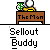 Animated pixel art sequence showing a character at a desk with 'The Man' text, performing actions with a green and white object while 'Sellout Buddy' text appears below.