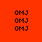 Red background with black 'OMJ' text in four , some highlighted by bright pink horizontal bars