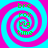 Four identical spiral patterns with alternating cyan and magenta rings, each containing green text reading bre fox big time in a clockwise spiral.
