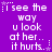Purple background with white pixelated text repeating 'i see the way u look at her.. it hurts.' and small star symbols.