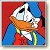 Pixelated cartoon character with orange beak, blue body, red pants, yellow accents, white chest, and black eyes against red background.