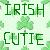 Green pixelated text 'IRISH' above a three-leaf clover, with 'CUTIE' below in matching style on a light green background.