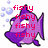 Purple fish-shaped character with 'fishy' text repeated in red, surrounded by blue bubbles on white background.