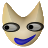 Pixelated face with light tan skin, two large oval eyes with black pupils and gray irises, and a wide blue curved mouth on a gray background.