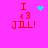 Pixelated red text 'I <3 JILL!' on bright pink background with cyan heart or particle animation above the text.