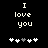 Black background with white pixelated text "I love you" and five heart symbols below, where the third heart changes from white to gray between frames.