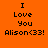 A pixelated text-based icon with 'I Love You Alisond33!' on an orange background, featuring a blue circular gradient overlay in one view.