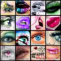 Static grid of 16 square icons featuring close-up facial features including eyes, lips, and eyebrows with varied makeup styles and color schemes.