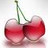 Two red cherries with green stems connected by a single stem, rendered in pixelated style against a light background.