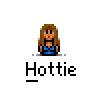 A contact sheet of 13 animated frames showing a pixel art character with brown hair and blue top, mostly static except for one frame with text bubbles.