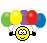 Pixelated yellow smiley face with black arms holding colorful balloons and red text reading 'Best wishes' against gray background.