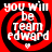 Four identical red and black spiral icons with white text reading "you will be team edward" and a small white heart symbol at the bottom center.