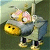 Pixelated static icon of a cartoon character with yellow face, pink hair, and blue outfit standing on green ground against light background.
