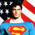 Pixelated image of a figure in blue and red costume with yellow 'S' symbol, standing before American flag background on left; green text 'Original Icons .com' on right.