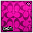 Two side-by-side pixel art with pink floral background, white text 'ash' at bottom left, and heart symbol at top right showing color change