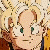 Pixelated image of a character with light skin, dark green eyes, and brown hair, making a peace sign with one hand against a beige background with scattered brown and green pixels.