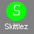 Green circular icon with white 'S' symbol above pixelated text reading 'Skittlez' on gray background.