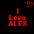 Red pixelated text 'I Love ALEX' with a red heart symbol above, displayed on black background.