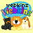 Pixelated icon with blue cloud-shaped text bubble containing 'webkinz' and 'webkinz' in colorful letters, two cartoon animals below, and yellow background.