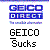 Animated sequence showing GEICO Direct logo degradation into pixelated text and a gecko image with 'Gecko Rules' text.