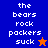 Pixelated text 'the bears rock packers suck' on blue and orange backgrounds with star symbols, one frame showing an orange star, another a blue star.