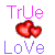 Animated contact sheet of 21 heart-shaped buddy icons in a 5x5 grid with one empty space, each icon displaying two hearts in different colors and styles above the text 'TrUe' and 'LoVe'.