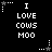Black background with white pixelated text reading "I LOVE COWS MOO" arranged in three , surrounded by small star and dot patterns
