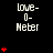 A black background displays repeated "love-0-Meter" text with red heart symbols animating in vertical stacks of one to five hearts across three