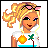 Pixelated cartoon character with blonde hair in a high ponytail, pink sunglasses on head, wearing white shirt with sun and palm tree graphic, standing against white background.