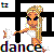 Pixelated 256x256 static image of a blonde woman in white outfit dancing with one leg extended, set against black and white background with "dance" text below.