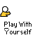 A 5x4 contact sheet of a yellow stick figure animation with white circular head, showing sequential motion frames above the repeated text "Play With Yourself" on gray background.