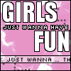 A 2x2 contact sheet of four identical animated frames showing a pink background with white text reading "GIRLS JUST WANNA HAVE FUN" and partial pixelated text below, each frame containing the same static image content.