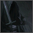 Dark silhouette of a figure holding a sword against a gradient background with light streaks.