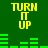 Green background with yellow text 'TURN IT UP' repeated four times and green horizontal bars in a pattern