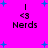 A bright pink background with scattered blue plus signs, featuring four identical pixelated text blocks reading "Nerds" with a small "<3" symbol above each.